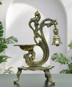 Artistic Brass Diya with Bell | Pure Brass Deepak | for Home, Office, Puja | Diwali Festival Gift Showpiece | Decorative Diya for Temple