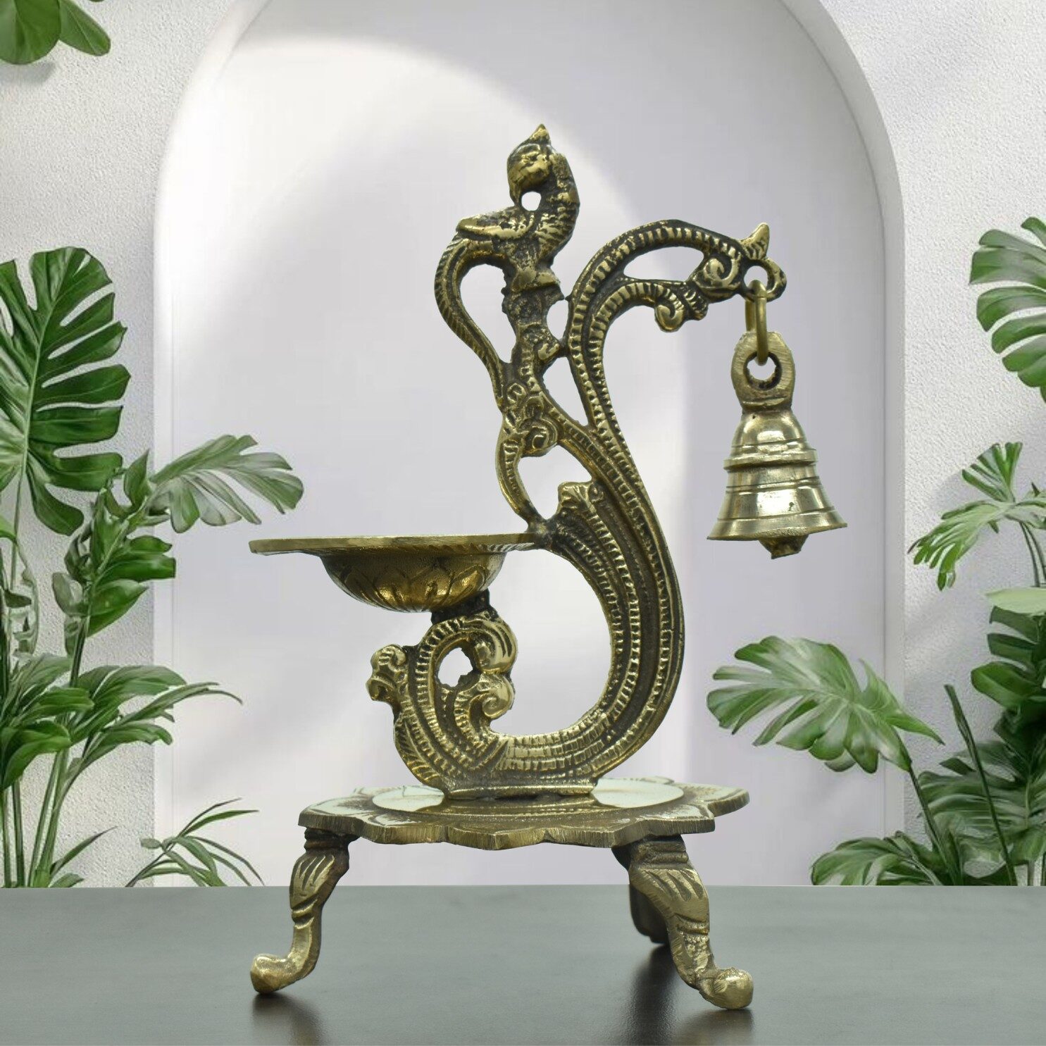Artistic Brass Diya with Bell | Pure Brass Deepak | for Home, Office, Puja | Diwali Festival Gift Showpiece | Decorative Diya for Temple