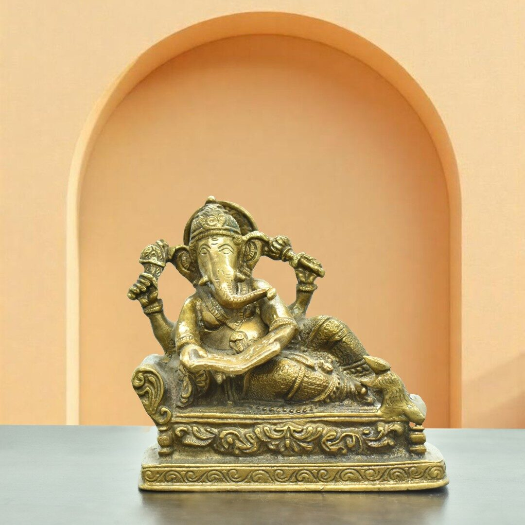 Reclining Lord Ganesh Brass Idol | Ganesha Ji Metal Statue | Lord Ganesh Sculpture | for Home, Office, Puja | Religious Figurines