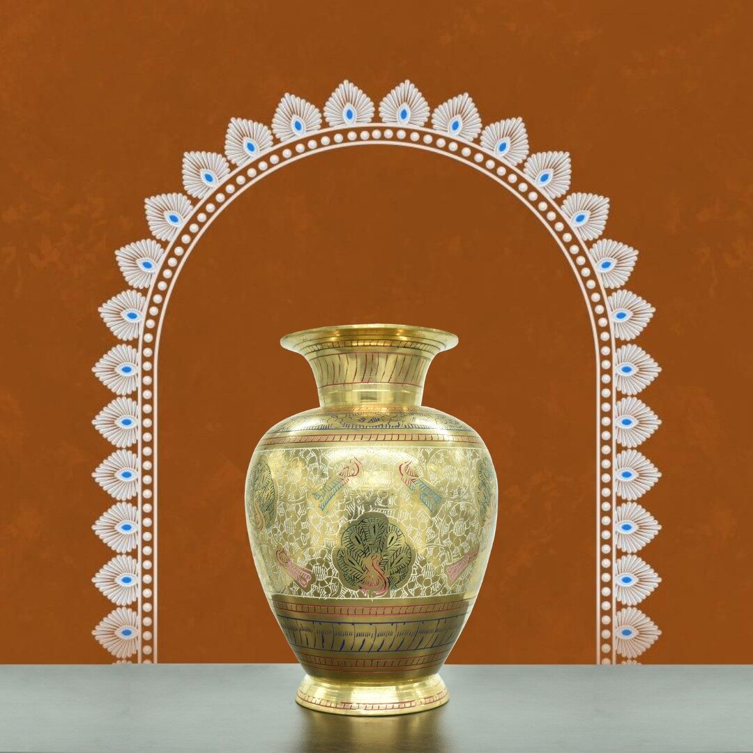 Handcrafted Brass Meenakari Vase with Peacock Design | Royal Rajasthani Engraved Flower Pot for Home Decor, Vastu, Living Room Accent & Luxury Ethnic Gifting