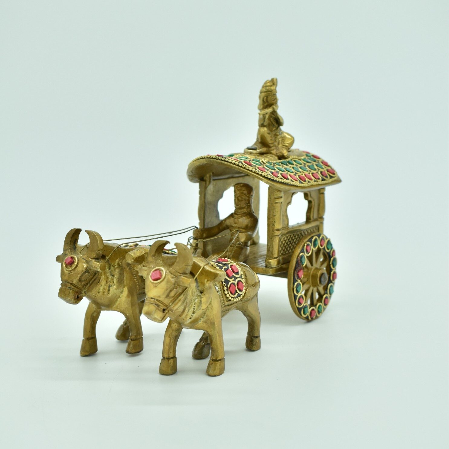 Brass Bullock Cart Showpiece with Stone Work | Krishna Playing Flute Statue | Bullock Cart Sculpture | for Home, Office | Animal Figurines | Decorative Cart Gift Showpiece - Image 2