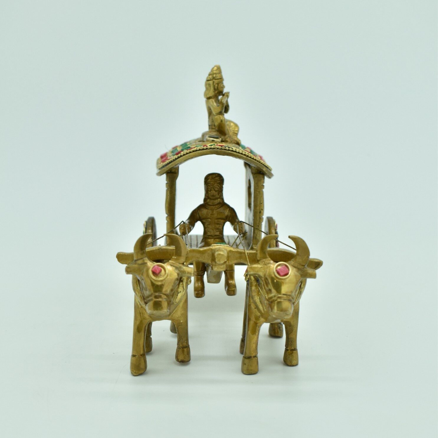 Brass Bullock Cart Showpiece with Stone Work | Krishna Playing Flute Statue | Bullock Cart Sculpture | for Home, Office | Animal Figurines | Decorative Cart Gift Showpiece - Image 3