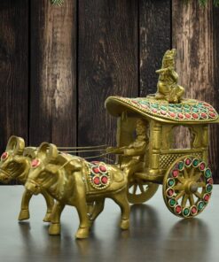 Brass Bullock Cart Showpiece with Stone Work | Krishna Playing Flute Statue | Bullock Cart Sculpture | for Home, Office | Animal Figurines | Decorative Cart Gift Showpiece