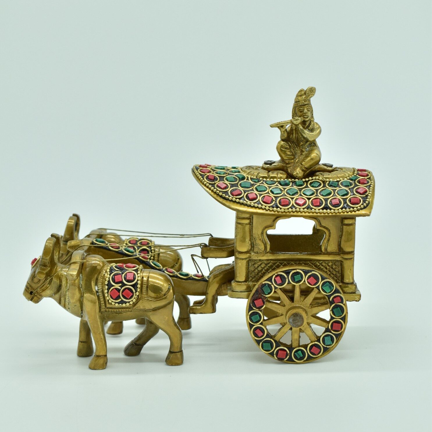 Brass Bullock Cart Showpiece with Stone Work | Krishna Playing Flute Statue | Bullock Cart Sculpture | for Home, Office | Animal Figurines | Decorative Cart Gift Showpiece - Image 4