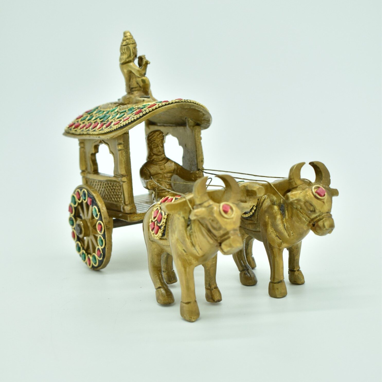 Brass Bullock Cart Showpiece with Stone Work | Krishna Playing Flute Statue | Bullock Cart Sculpture | for Home, Office | Animal Figurines | Decorative Cart Gift Showpiece - Image 5