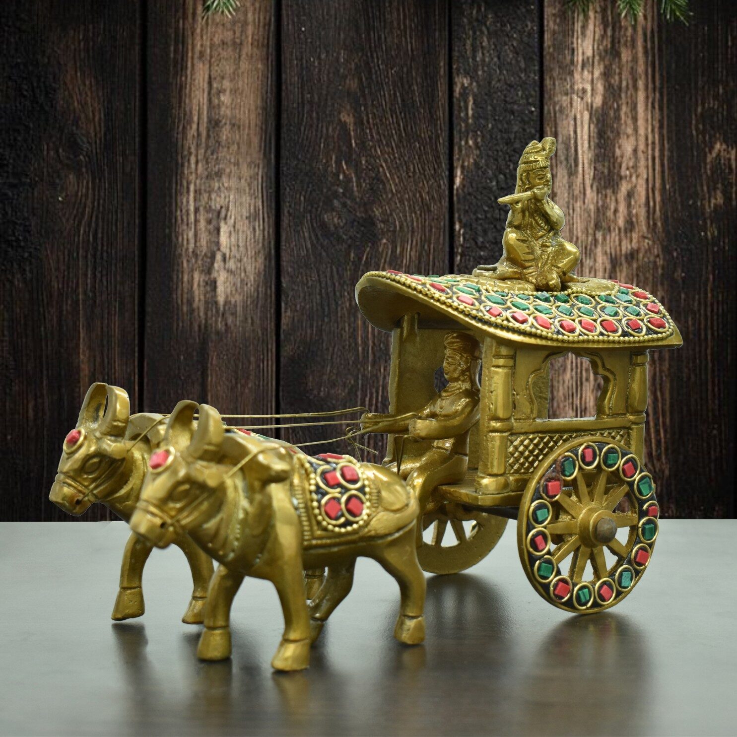 Brass Bullock Cart Showpiece with Stone Work | Krishna Playing Flute Statue | Bullock Cart Sculpture | for Home, Office | Animal Figurines | Decorative Cart Gift Showpiece
