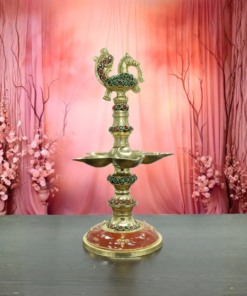 Handcrafted Brass Peacock Stone Work 5-Wick Samai Lamp | Vastu Kuthu Vilakku Temple Oil Deepam for Home Mandir, Pooja Room, Diwali Decor & Royal Wedding Gifting