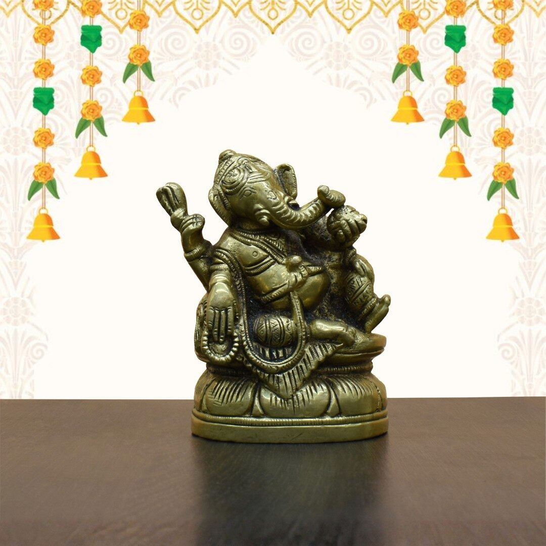 Handcrafted Brass Reclining Ganesha Idol | Vastu Relaxing Ganpati Murti for Home Temple, Office Desk, Good Luck, Obstacle Removal, Diwali & Business Gift