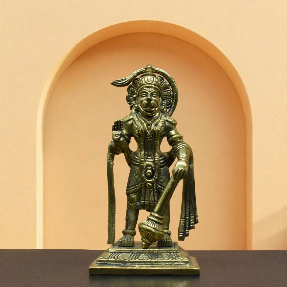 Handcrafted Brass Standing Hanuman Idol with Gada | Vastu Bajrangbali Murti for Home Temple, Protection, Courage, Strength, Tuesday Puja & Spiritual Gifting
