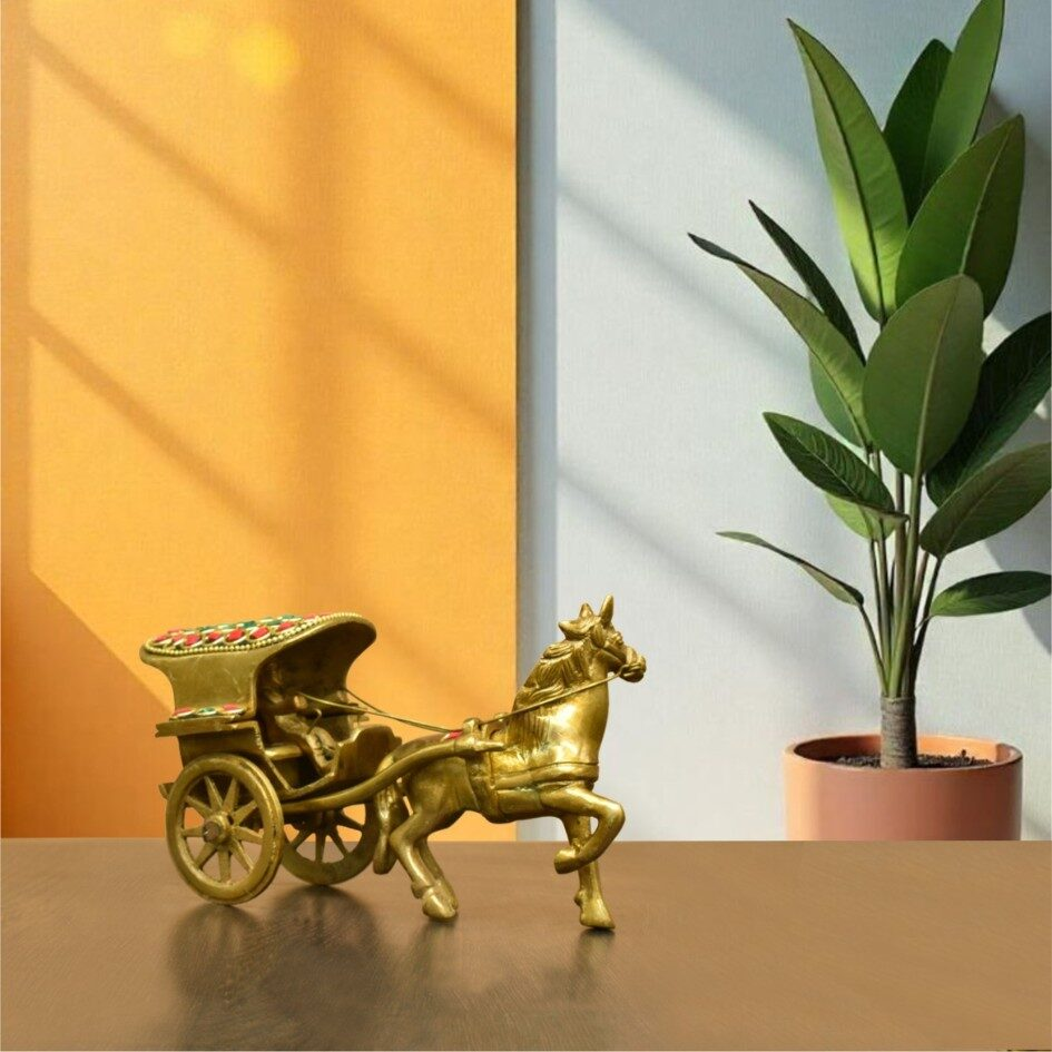 Brass Horse Cart Showpiece with Stone Work | Animal Cart | Cart Sculpture | for Home, Office | Animal Figurines | Decorative Cart Gift Showpiece