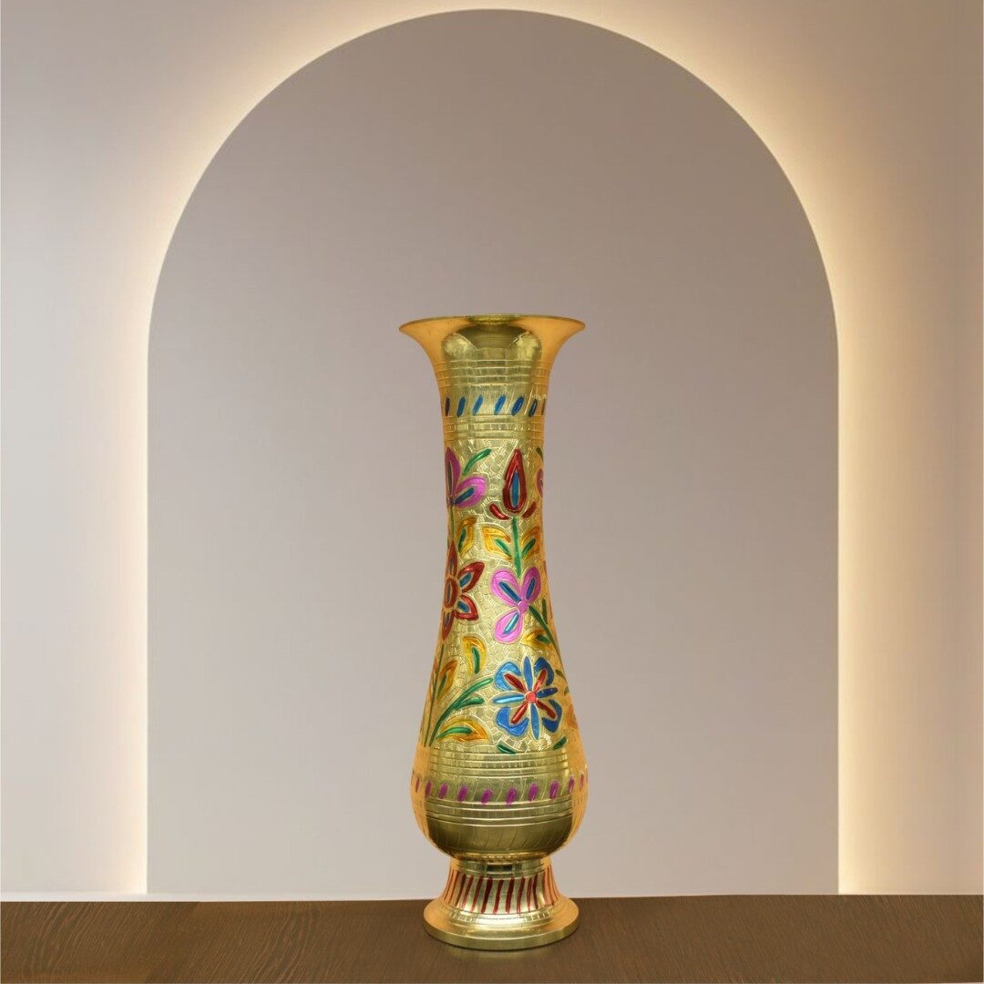 Handcrafted Tall Brass Meenakari Floor Vase with Colorful Floral Design | Royal Rajasthani Decorative Flower Pot for Living Room, Vastu, Entryway & Luxury Gifting