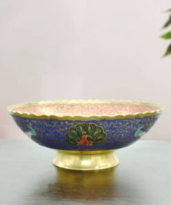 Handcrafted Brass Meenakari Peacock Pedestal Bowl | Royal Blue Enamel Urli for Vastu Living Room Decor, Table Centerpiece, Floating Flowers, Diwali & Luxury Gifting
