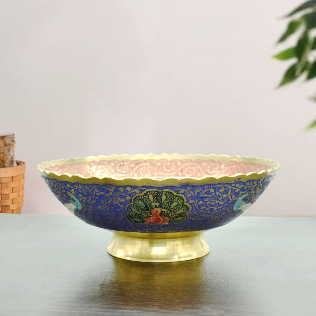 Handcrafted Brass Meenakari Peacock Pedestal Bowl | Royal Blue Enamel Urli for Vastu Living Room Decor, Table Centerpiece, Floating Flowers, Diwali & Luxury Gifting