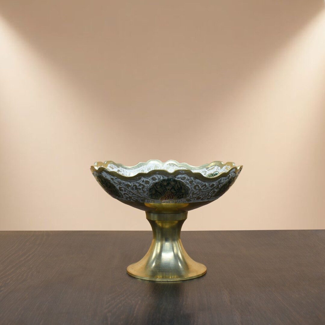 Handcrafted Brass Engraved Pedestal Bowl with Scalloped Edge | Antique Finish Urli for Vastu Home Decor, Table Centerpiece, Floating Diyas, Diwali & Gifting