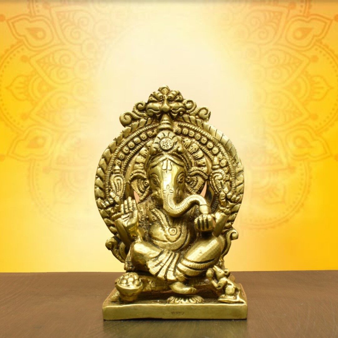Handcrafted Brass Sitting Ganesha Idol with Prabhavali Arch | Vastu Vighnaharta Ganpati Murti for Home Temple, Office Desk, Good Luck, Ganesh Chaturthi & Gifting - Image 2