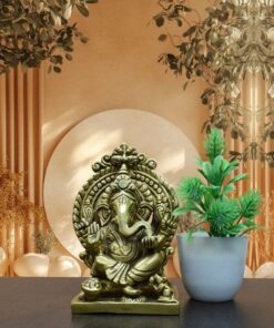Handcrafted Brass Sitting Ganesha Idol with Prabhavali Arch | Vastu Vighnaharta Ganpati Murti for Home Temple, Office Desk, Good Luck, Ganesh Chaturthi & Gifting