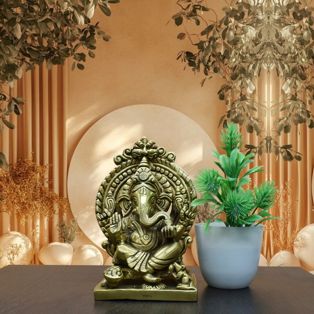 Handcrafted Brass Sitting Ganesha Idol with Prabhavali Arch | Vastu Vighnaharta Ganpati Murti for Home Temple, Office Desk, Good Luck, Ganesh Chaturthi & Gifting