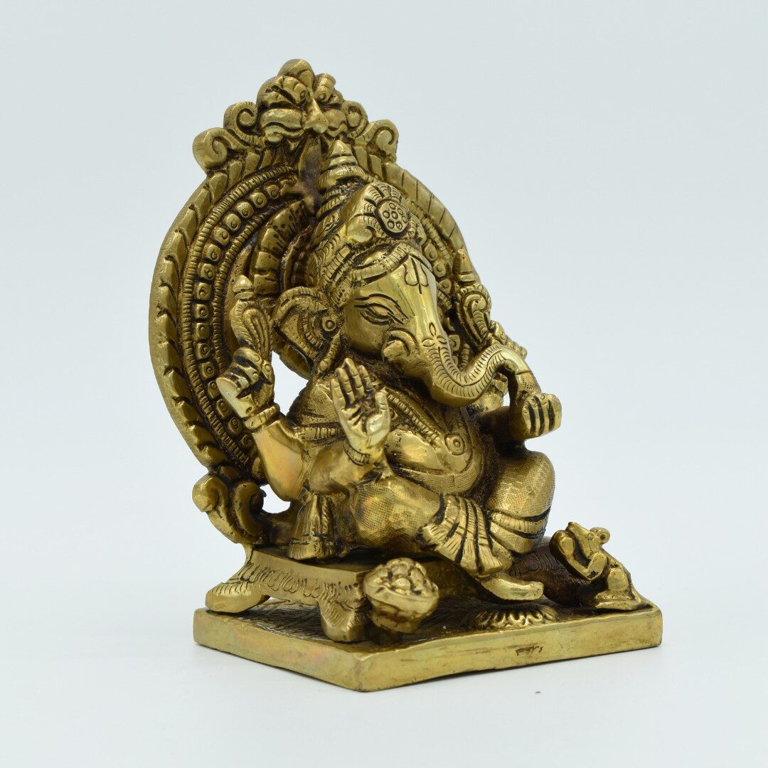 Handcrafted Brass Sitting Ganesha Idol with Prabhavali Arch | Vastu Vighnaharta Ganpati Murti for Home Temple, Office Desk, Good Luck, Ganesh Chaturthi & Gifting - Image 3