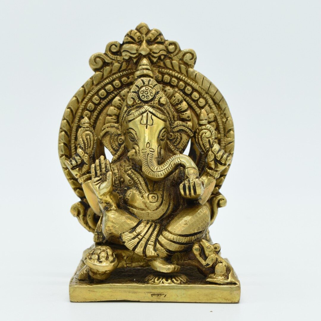 Handcrafted Brass Sitting Ganesha Idol with Prabhavali Arch | Vastu Vighnaharta Ganpati Murti for Home Temple, Office Desk, Good Luck, Ganesh Chaturthi & Gifting - Image 5