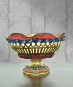 Handcrafted Brass Stone Work Fruit Bowl Urli with Meenakari | Vastu Royal Decor Centerpiece for Dining Table, Festive Gifting, Diwali, Wedding & Luxury Home
