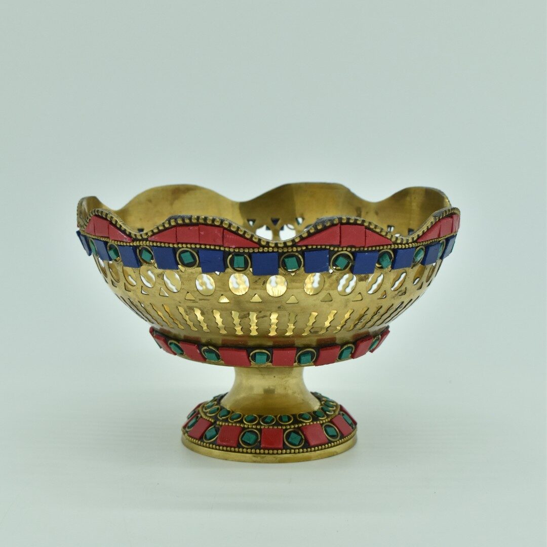 Handcrafted Brass Stone Work Fruit Bowl Urli with Meenakari | Vastu Royal Decor Centerpiece for Dining Table, Festive Gifting, Diwali, Wedding & Luxury Home - Image 4