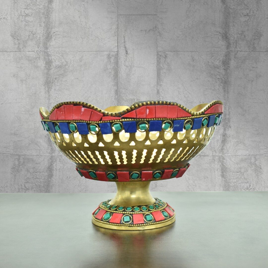 Handcrafted Brass Stone Work Fruit Bowl Urli with Meenakari | Vastu Royal Decor Centerpiece for Dining Table, Festive Gifting, Diwali, Wedding & Luxury Home