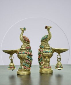 Brass Peacock Showpiece Set of 2 with Gemstones | Metal Statue | Pracock Sculpture for Home Decor, Office | Animal Figurines | Decorative Brass Gift Showpiece