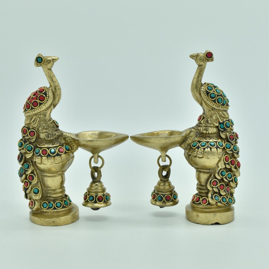 Brass Peacock Showpiece Set of 2 with Gemstones | Metal Statue | Pracock Sculpture for Home Decor, Office | Animal Figurines | Decorative Brass Gift Showpiece - Image 3