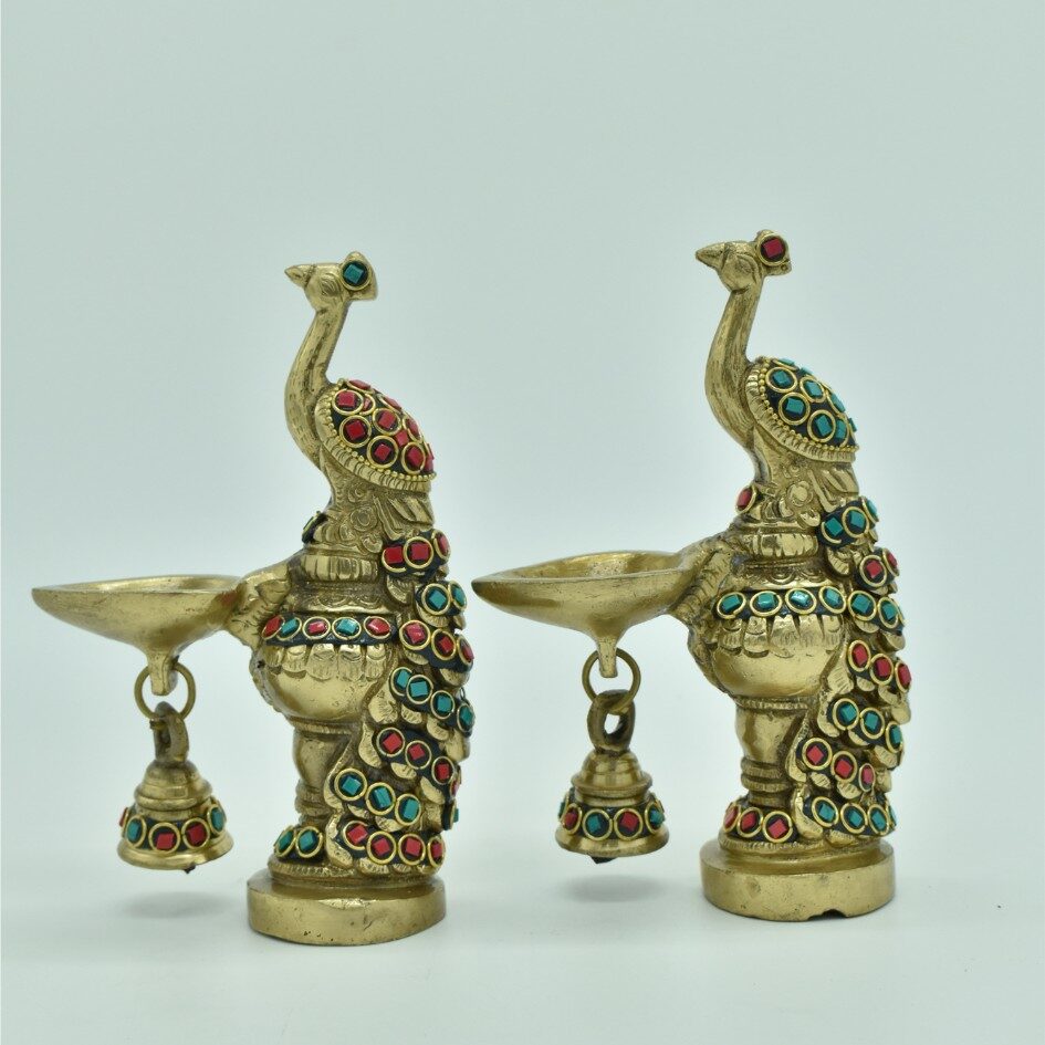 Brass Peacock Showpiece Set of 2 with Gemstones | Metal Statue | Pracock Sculpture for Home Decor, Office | Animal Figurines | Decorative Brass Gift Showpiece - Image 4