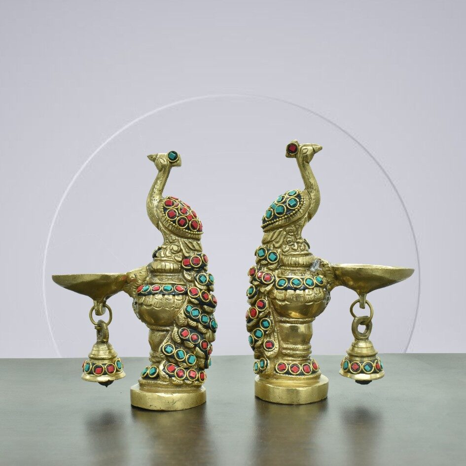 Brass Peacock Showpiece Set of 2 with Gemstones | Metal Statue | Pracock Sculpture for Home Decor, Office | Animal Figurines | Decorative Brass Gift Showpiece