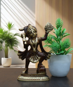 Hanuman Carrying Mountain Brass Idol | Copper Tone Religious Statue | Hindu God Murti for Home, Office & Puja Decor