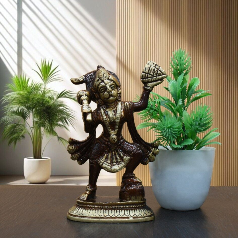 Hanuman Carrying Mountain Brass Idol | Copper Tone Religious Statue | Hindu God Murti for Home, Office & Puja Decor