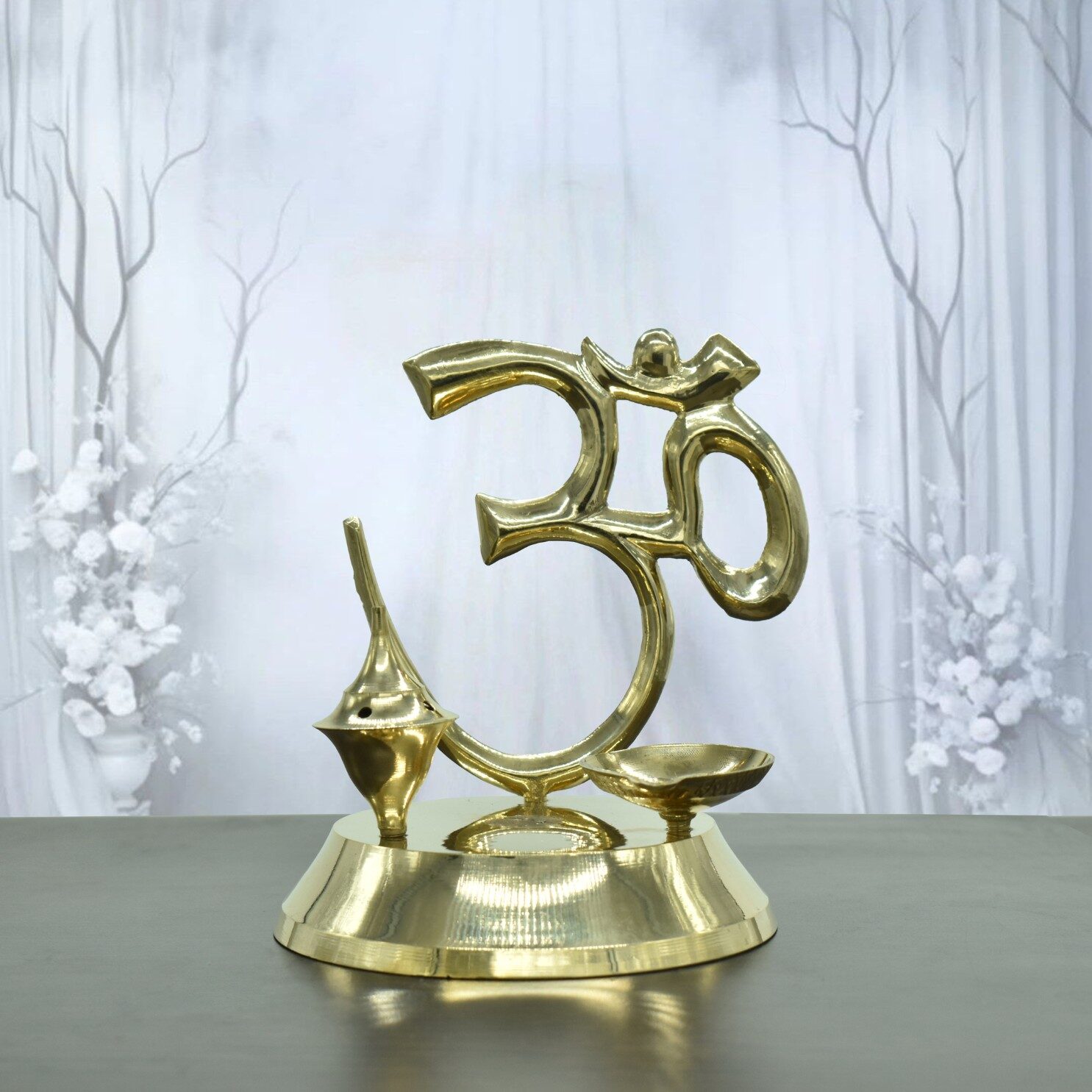 Artistic Om Diya with Incense Holder | Pure Brass Deepak | for Home, Office, Puja | Diwali Festival Gift Showpiece