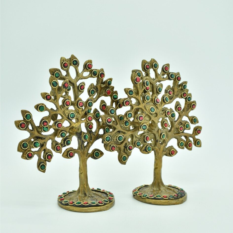 Stone-Adorned Brass Tree Sculpture – Pair - Image 2