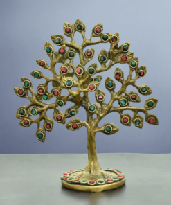 Stone-Adorned Brass Tree Sculpture – Pair