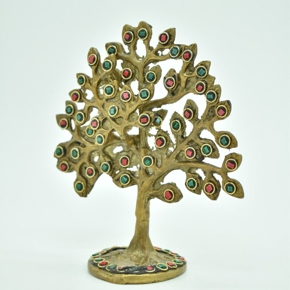 Stone-Adorned Brass Tree Sculpture – Pair - Image 3