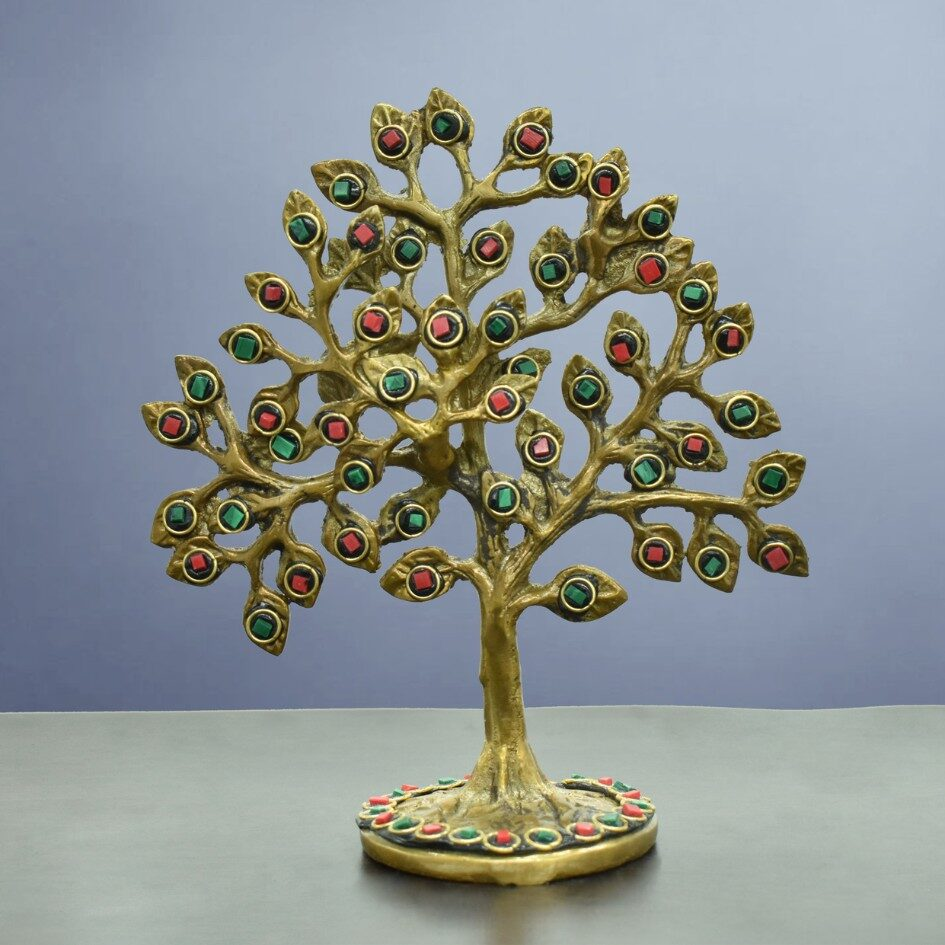Stone-Adorned Brass Tree Sculpture – Pair