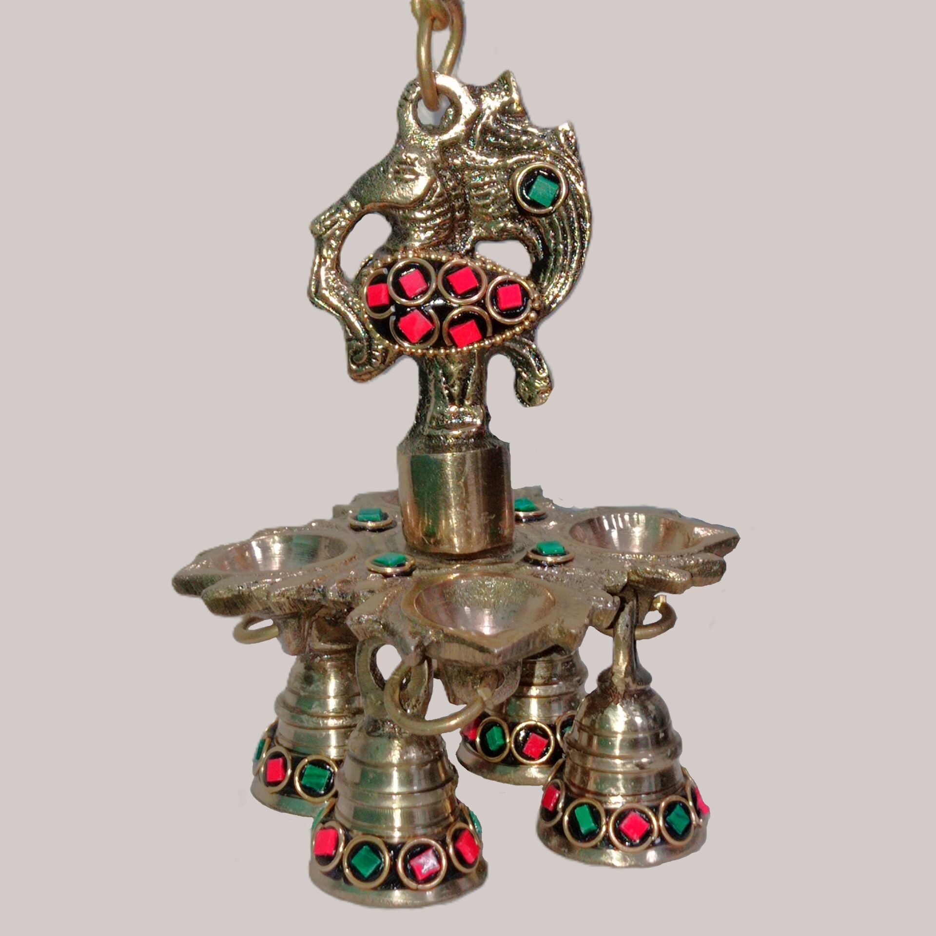Handcrafted Brass Peacock Hanging Diya with Meenakari Stone Work & Bells | Vastu Temple Oil Lamp for Home Mandir, Entrance, Sound Healing, Diwali Decor & Gifting - Image 4