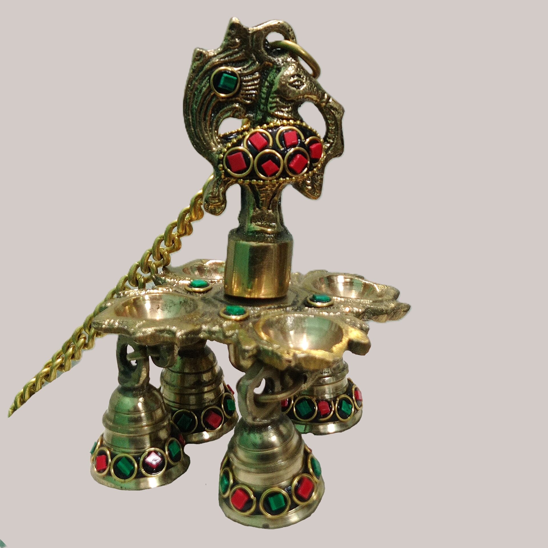 Handcrafted Brass Peacock Hanging Diya with Meenakari Stone Work & Bells | Vastu Temple Oil Lamp for Home Mandir, Entrance, Sound Healing, Diwali Decor & Gifting - Image 2