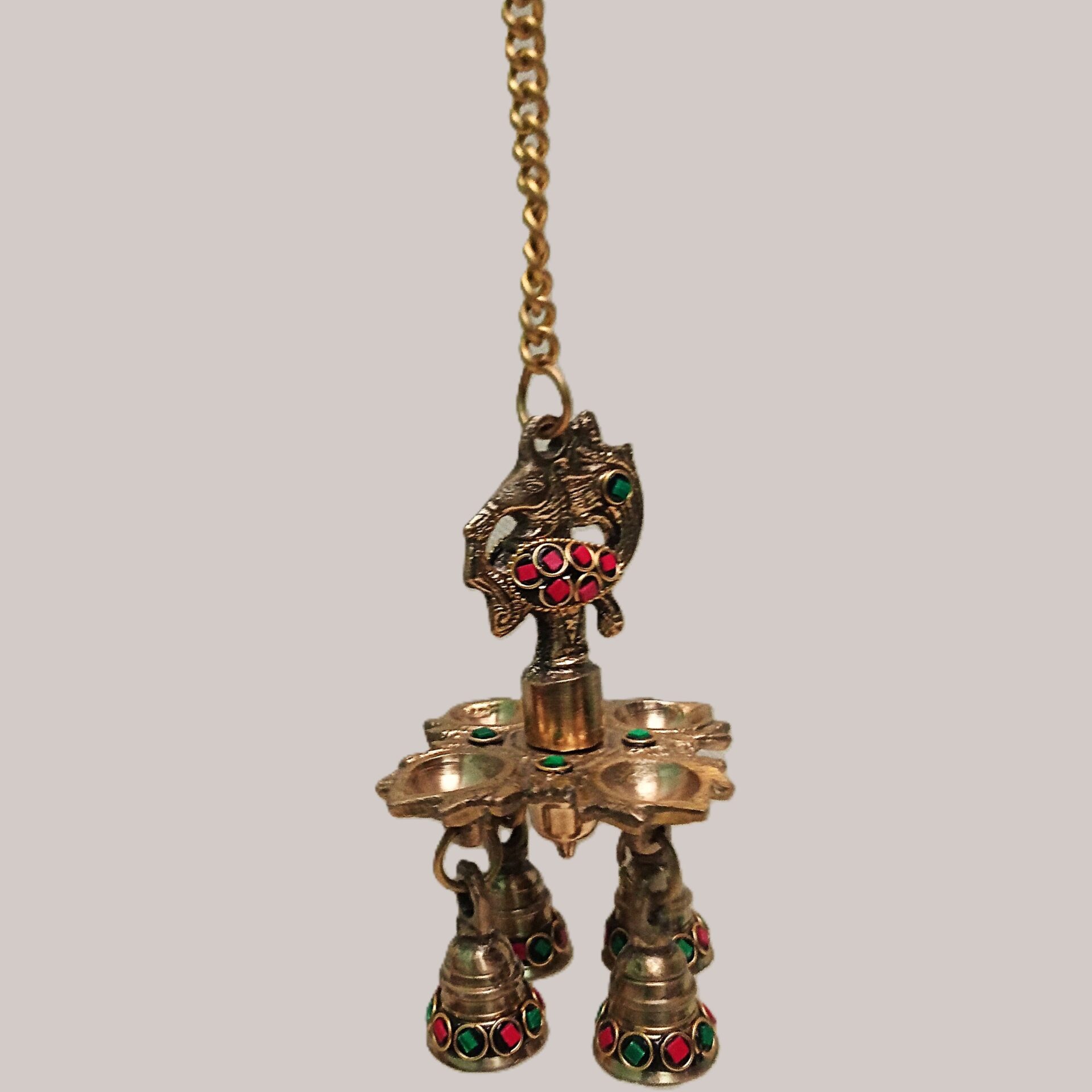 Handcrafted Brass Peacock Hanging Diya with Meenakari Stone Work & Bells | Vastu Temple Oil Lamp for Home Mandir, Entrance, Sound Healing, Diwali Decor & Gifting - Image 3