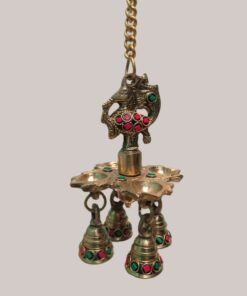 Handcrafted Brass Peacock Hanging Diya with Meenakari Stone Work & Bells | Vastu Temple Oil Lamp for Home Mandir, Entrance, Sound Healing, Diwali Decor & Gifting