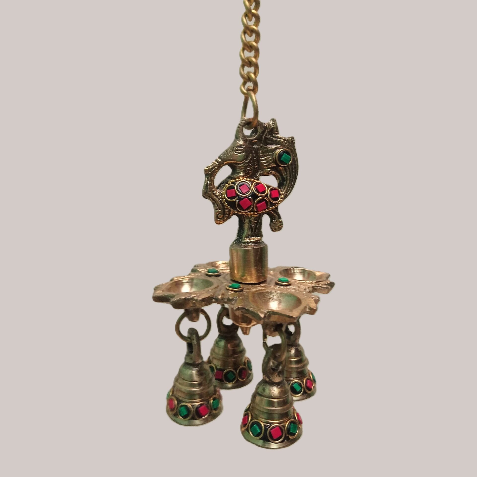 Handcrafted Brass Peacock Hanging Diya with Meenakari Stone Work & Bells | Vastu Temple Oil Lamp for Home Mandir, Entrance, Sound Healing, Diwali Decor & Gifting