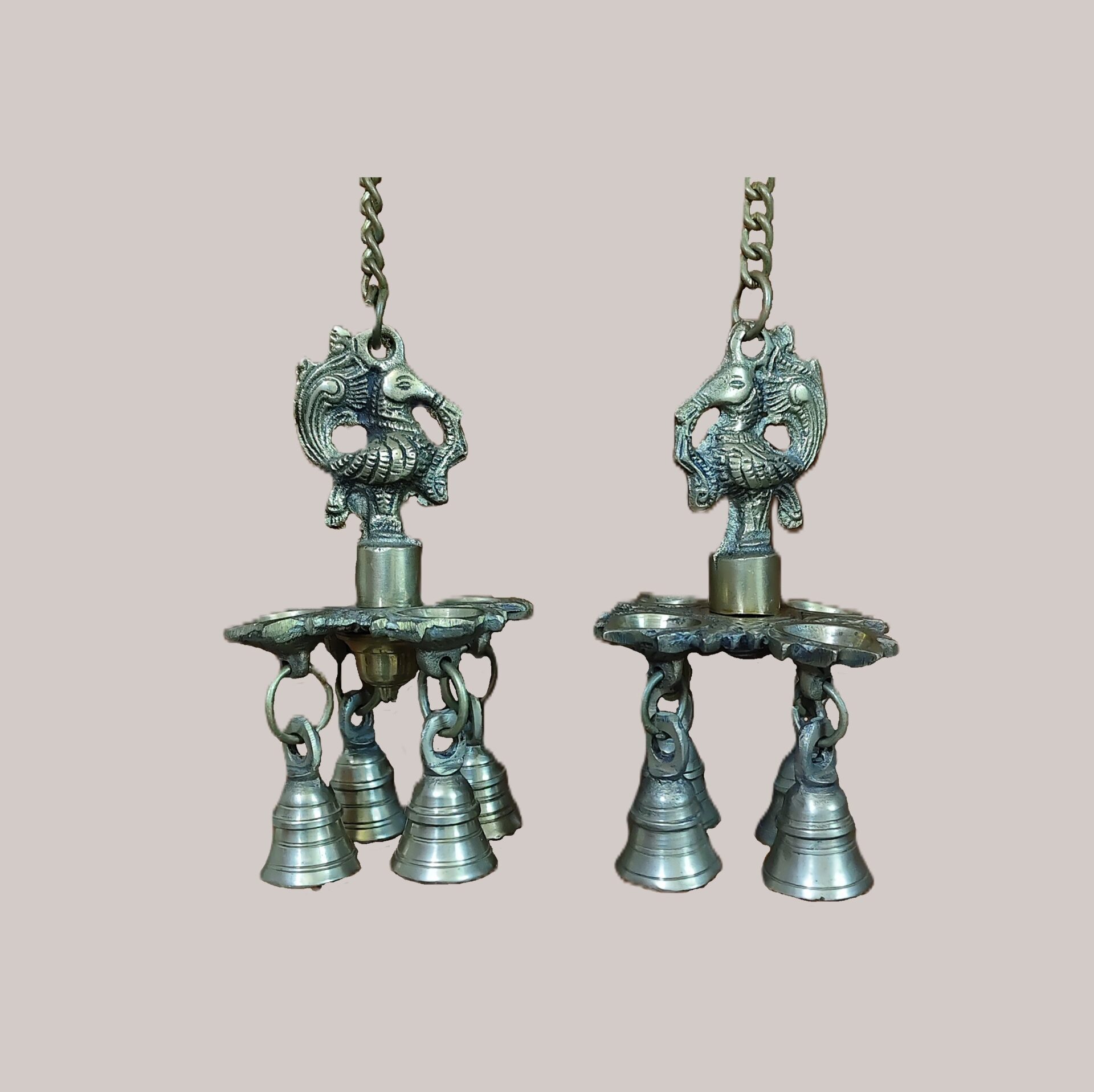 Handcrafted Brass Peacock Hanging Diya Pair with Bells | Vastu Temple Oil Lamp for Home Mandir, Entrance, Positive Energy, Diwali Decor & Festive Gifting
