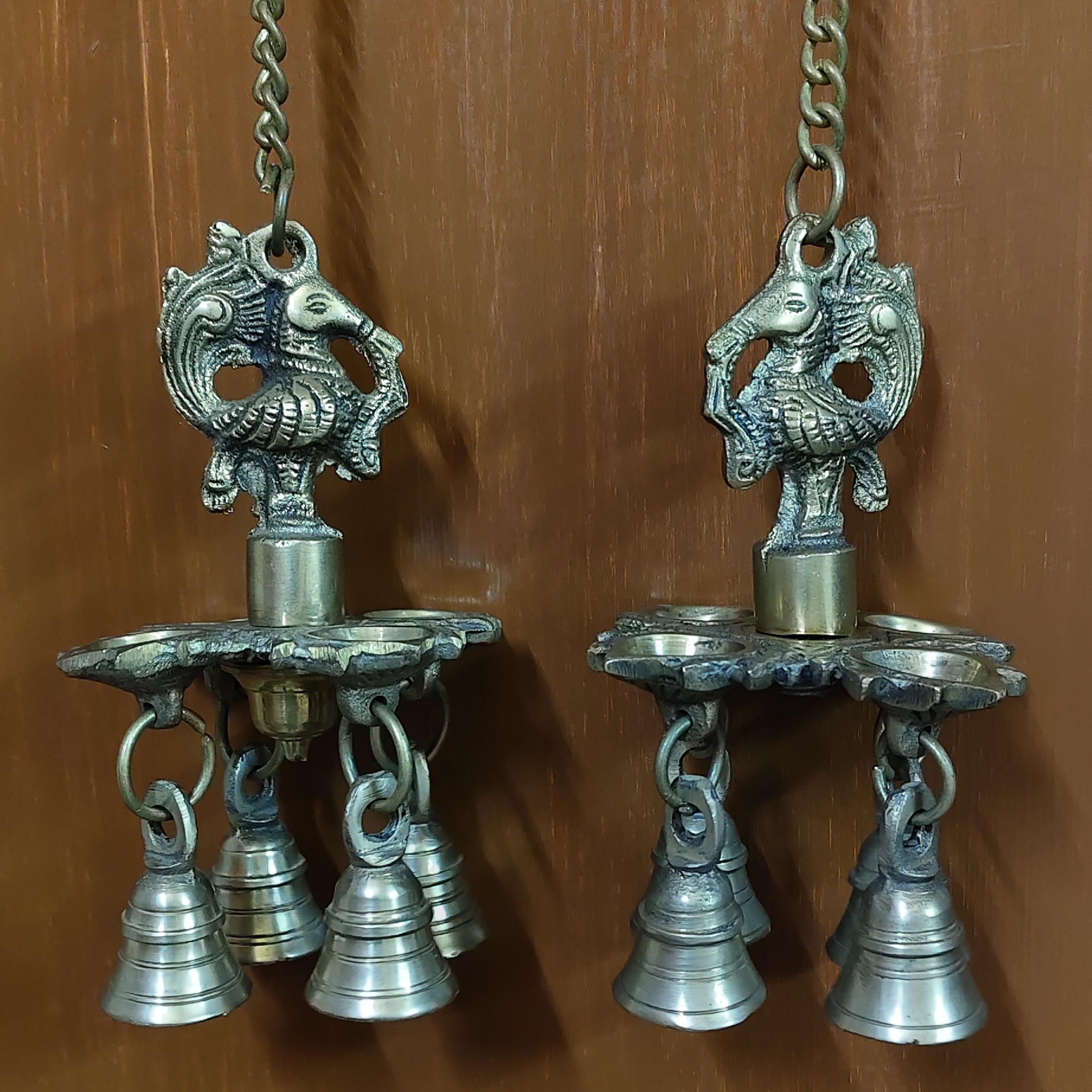 Handcrafted Brass Peacock Hanging Diya Pair with Bells | Vastu Temple Oil Lamp for Home Mandir, Entrance, Positive Energy, Diwali Decor & Festive Gifting - Image 2