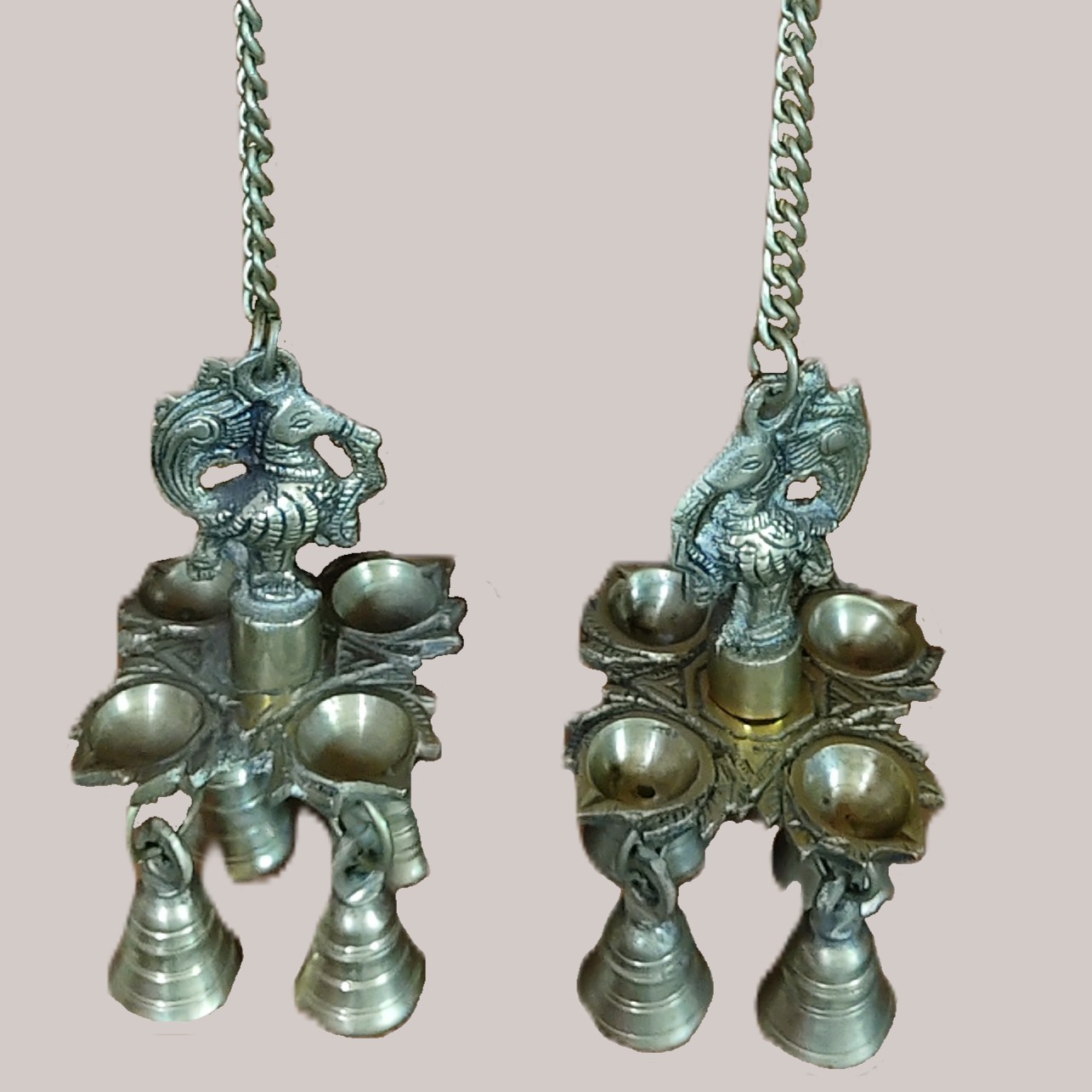 Handcrafted Brass Peacock Hanging Diya Pair with Bells | Vastu Temple Oil Lamp for Home Mandir, Entrance, Positive Energy, Diwali Decor & Festive Gifting - Image 3