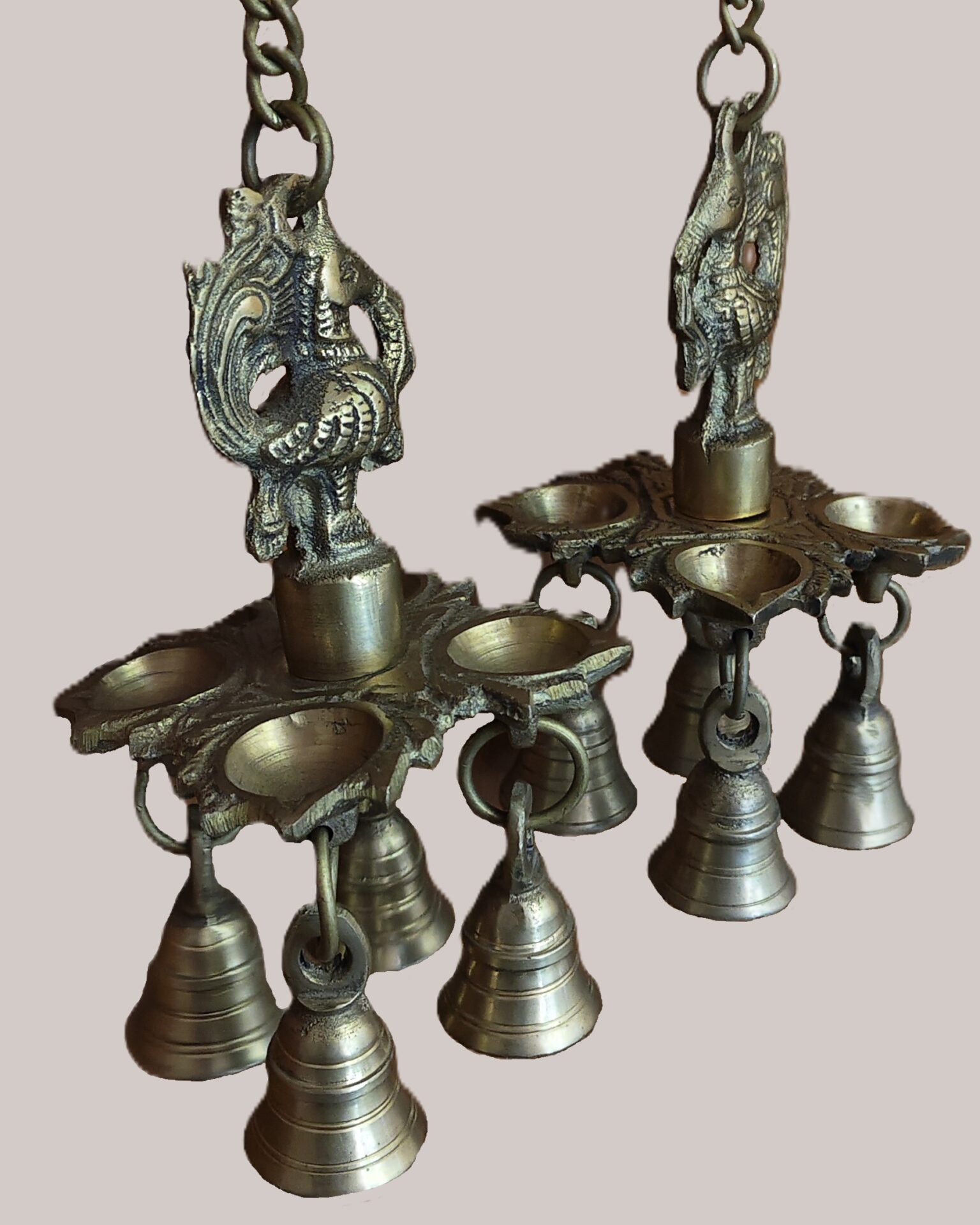 Handcrafted Brass Peacock Hanging Diya Pair with Bells | Vastu Temple Oil Lamp for Home Mandir, Entrance, Positive Energy, Diwali Decor & Festive Gifting - Image 4