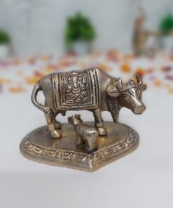 Handcrafted Brass Kamdhenu Cow with Calf & Ganesh Idol | Vastu Holy Cow Gomata Statue for Wealth, Fertility, Prosperity, Home Temple & Auspicious Gifting