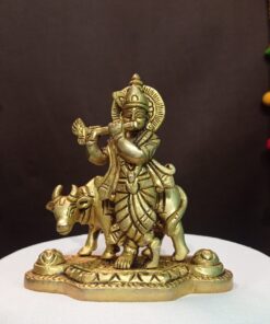 Krishna Ji with Cow Brass Idol | Murli Gopal Metal Statue | Lord Krishna Sculpture | for Home, Office, Puja | Religious Figurines | Decorative Murti Gift Showpiece
