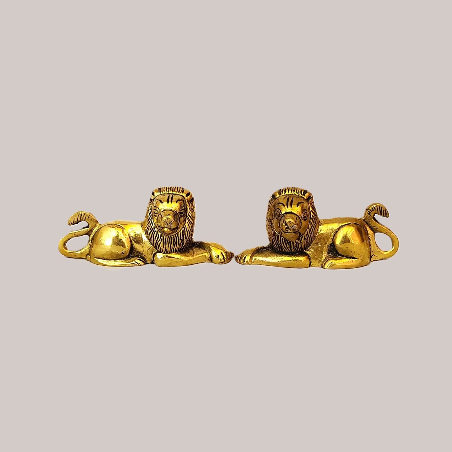 Handcrafted Brass Lion Pair Showpiece Set of 2 | Vastu Guardian Lion Statues for Protection, Courage, Authority, Main Door, Office Desk & Royal Home Decor