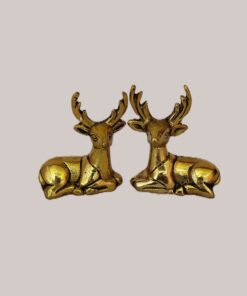 Handcrafted Brass Sitting Deer Pair with Antlers | Vastu Feng Shui Gentle Reindeer Showpiece Set for Home, Office, Table Decor & Auspicious Gifting